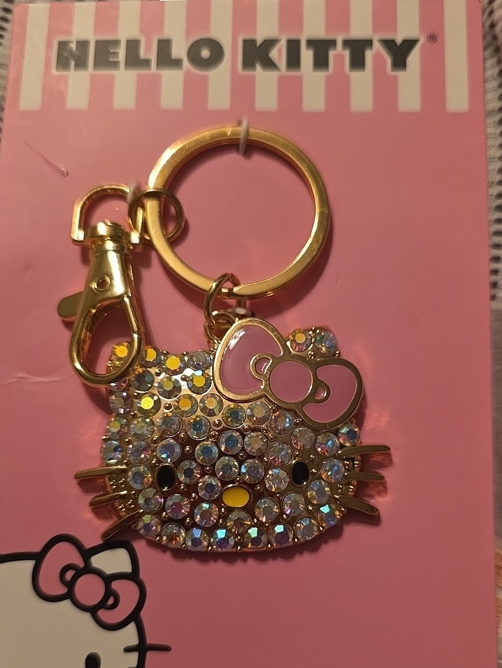 Hello Kitty Gold-Tone Crystal Keyring with Pink Bow